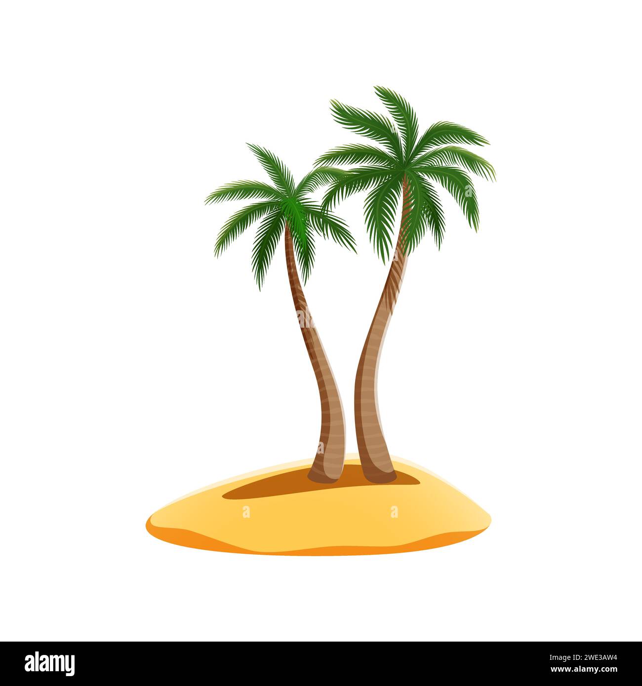 Karikatur-Pirateninsel mit Palmen, umgeben von goldenem Sand. Isoliertes Vektorparadies Land mit hohen und schlanken Palmen, die anmutig in der tropischen Brise schweben, ihre Wedel rascheln Stock Vektor
