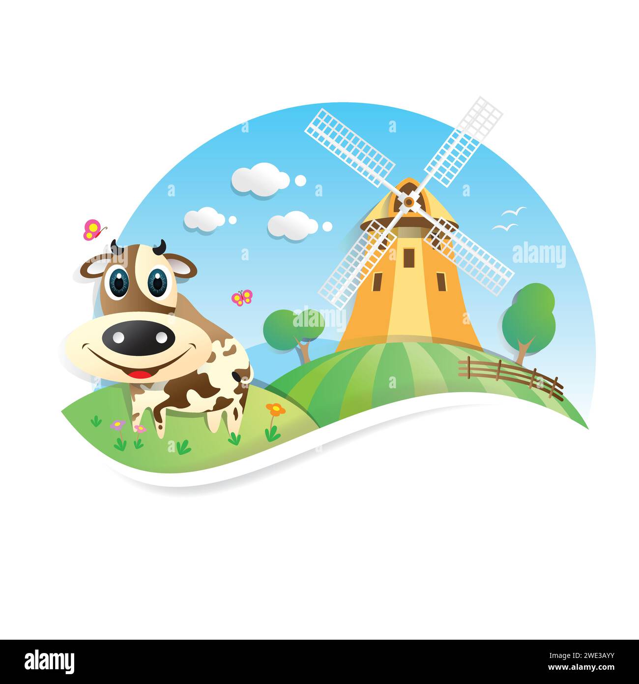 Bauernhof-Cartoon auf Landschaft Hintergrund flache Vektor-Illustration Stock Vektor