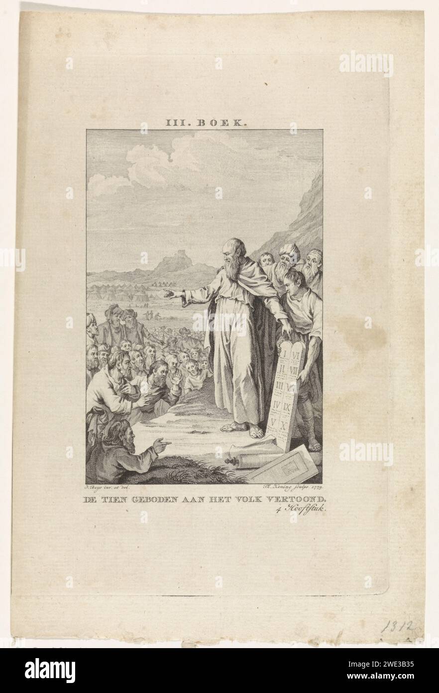 Moses zeigt dem Volk die Gesetzgebungstabellen, Theodoor Koning, nachdem Jacobus 1779 in der Wüste Sinai am Horeb gekauft hat, zeigt Moses die zehn Gebote an die Menschen, die sich für ihn gegeben haben. Hinter Moses stehen Aaron, Nadab, Abihu und die siebzig Ältesten des Volkes. Dieser Druck ist eine Illustration im vierten Kapitel des dritten Buches von „alle Werke des Flavius Josephus“. Der Amsterdamer Papierstich Moses kommt mit den neuen Tabletten und wird von Aaron und den versammelten Leuten erwartet, die bemerken, dass „sein Gesicht scheint“ (Moses' Gesicht ist mit Li-Strahlen dargestellt Stockfoto