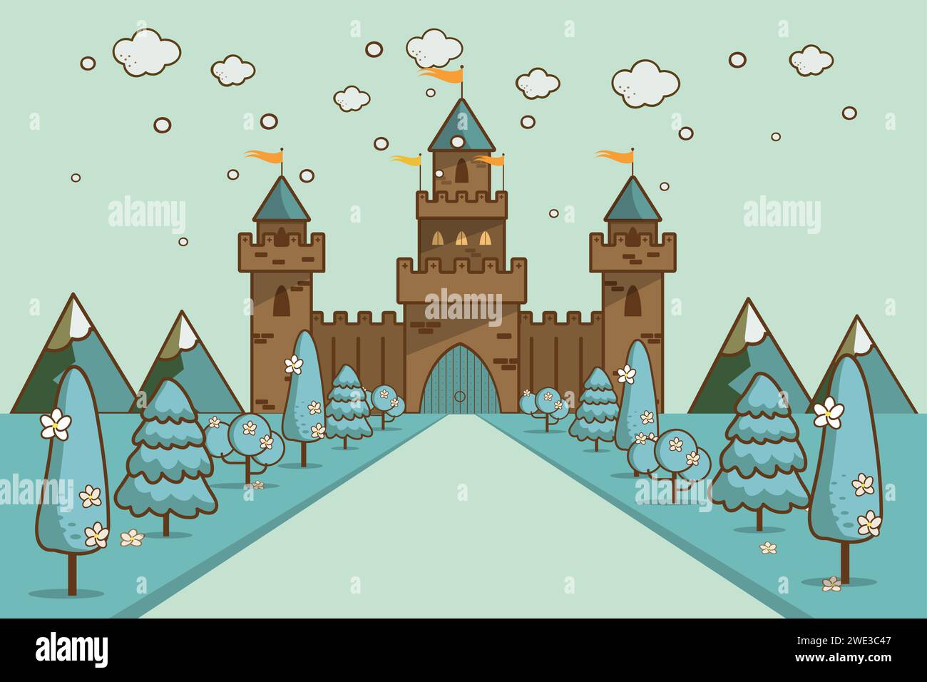 Niedliches Cartoon Fantasy Märchenschloss in einer Winterlandschaft einer sanften Hügel Vektor Illustration Stock Vektor