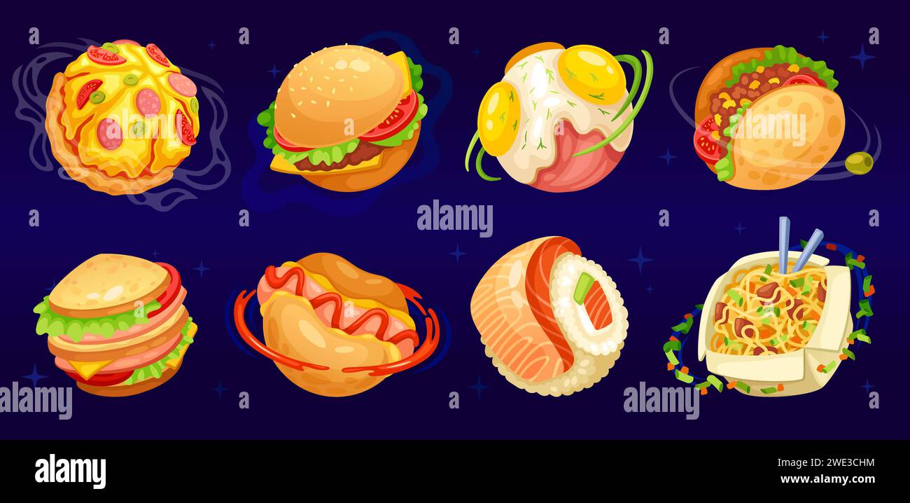 Cartoon-Nahrungsmittelplaneten. Food World Konzept, Burger Sushi Fisch Pizza Planet lustige Amuse UFO in köstlichem Fantasy Universum Traum Raum leckere Galaxie, Spiel Vektor Illustration von Cartoon Food Planet Design Stock Vektor