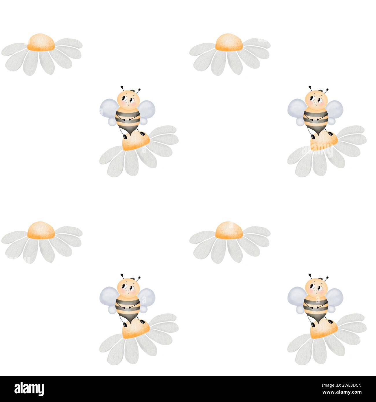 Nahtloses Aquarellmuster mit niedlichen Bienen und Kamillenblüten auf weißem Hintergrund. Ein schönes Design zum Bedrucken von Kindertextilien. Imker Stockfoto