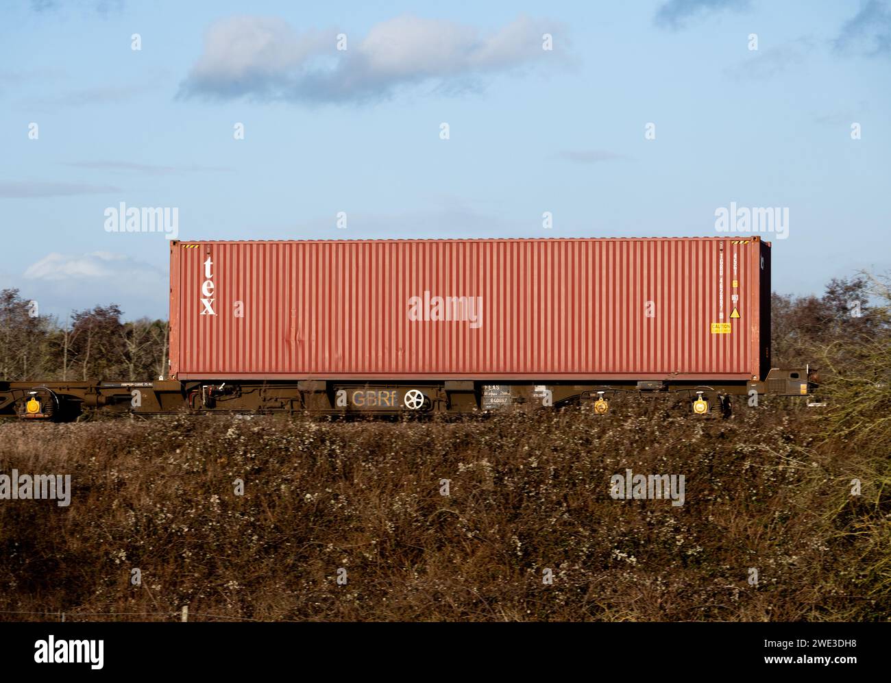 Tex-Container in einem freightliner-Zug, Warwickshire, Großbritannien Stockfoto