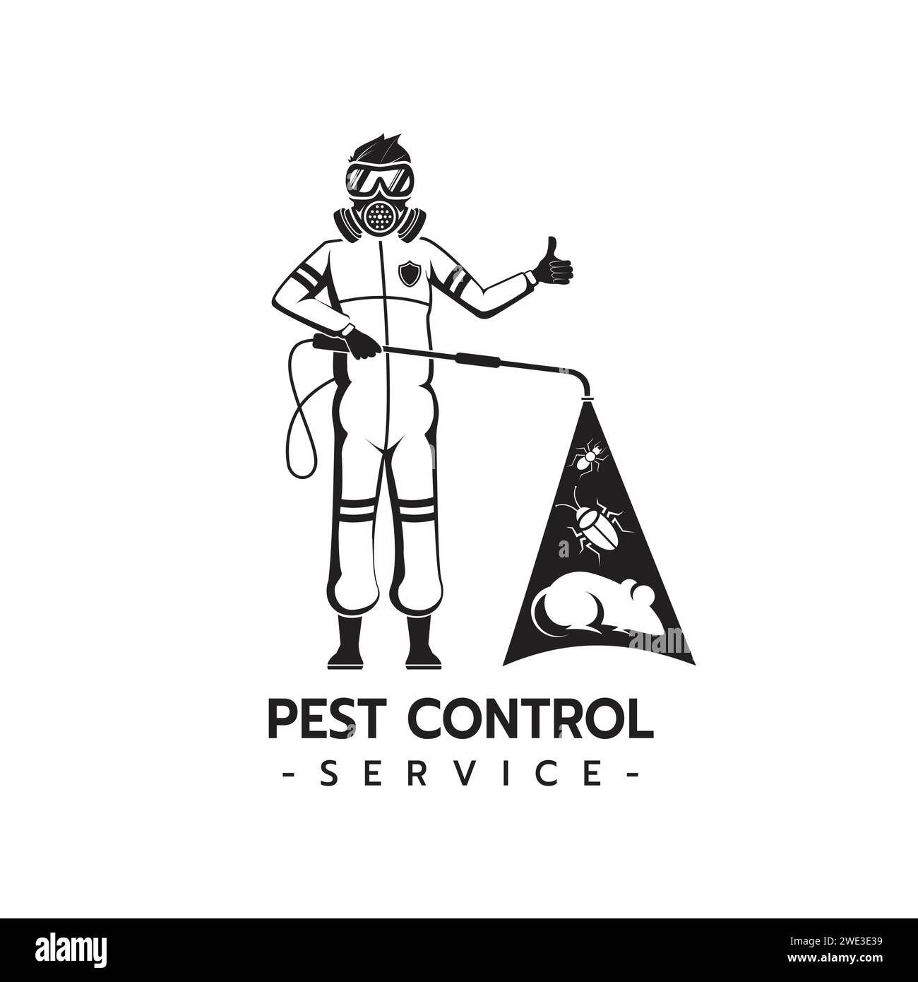 Pest Control Service Logo Vorlage isolierte Silhouette mit ausgerüstetem Mann im Schutzanzug, der chemischen Zylinder isolierte Silhouette auf weißem bac hält Stock Vektor