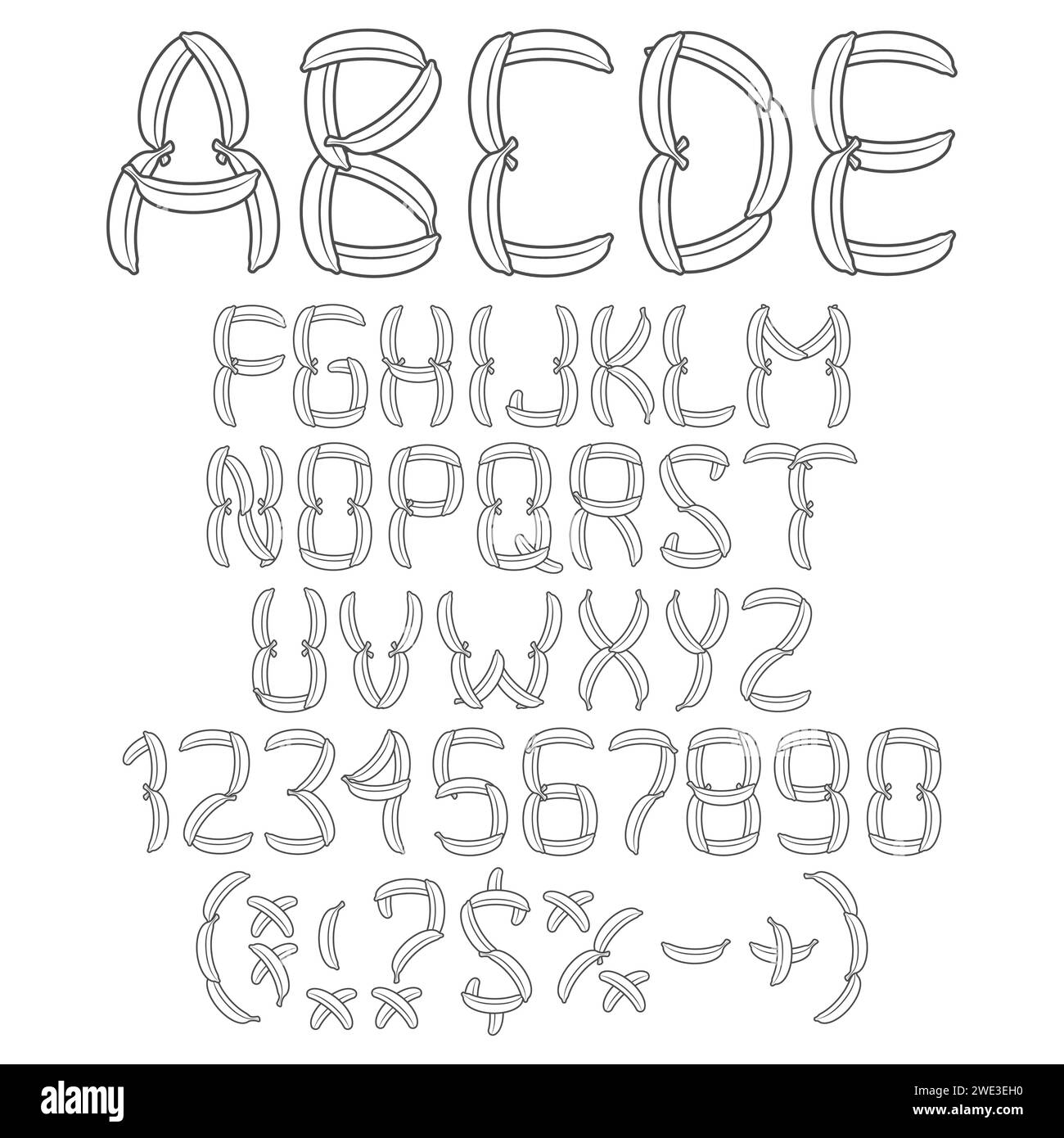 Alphabet, Buchstaben, Zahlen und Zeichen von Bananen. Isolierte Vektorobjekte auf weißem Hintergrund. Stock Vektor