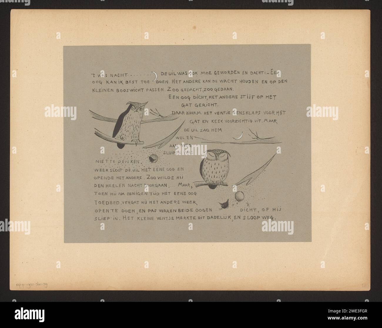 Textblatt mit dem Winterkönig, der entkommt, wenn die Eule einschläft, Theo van Hoytema, 1892 drucken die Haager Papiereulen. Lied-Birds: wren. Mond als Himmelskörper Stockfoto