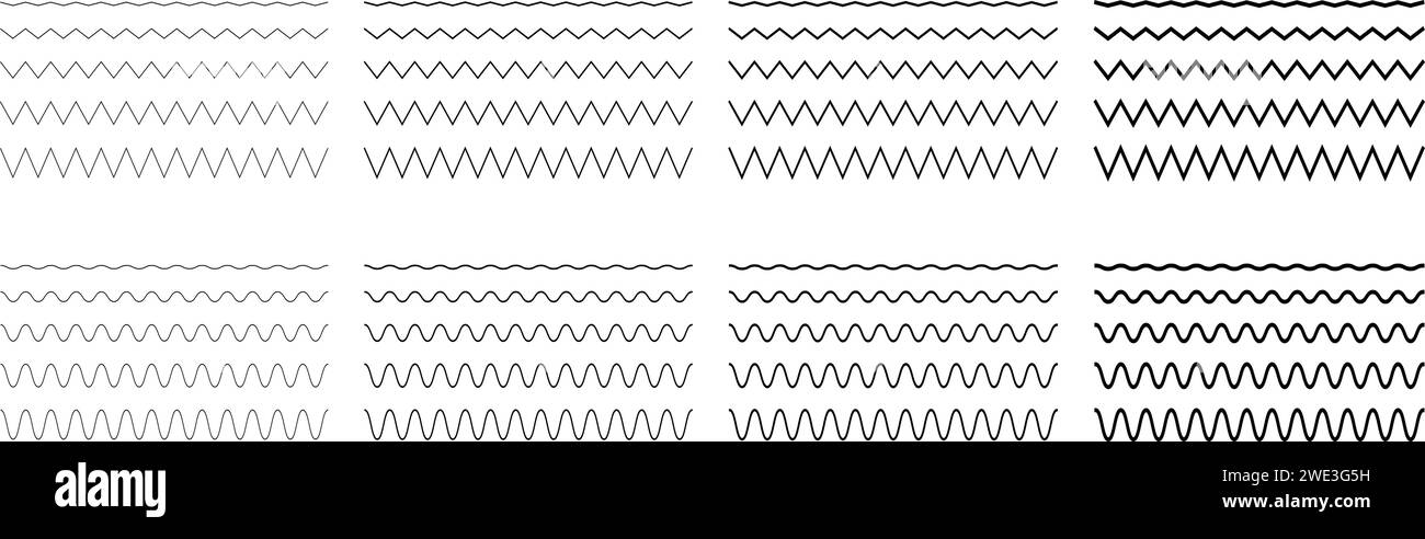 Zickzack- und Wellenlinien unterschiedlicher Dicke. Set aus einfachen gezackten und gewellten Rändern. Sinus-, Wasser-, Flüssigkeits-, Luft- oder Windsymbole sind auf weißem Hintergrund isoliert. Vektorkontur, Abbildung. Stock Vektor