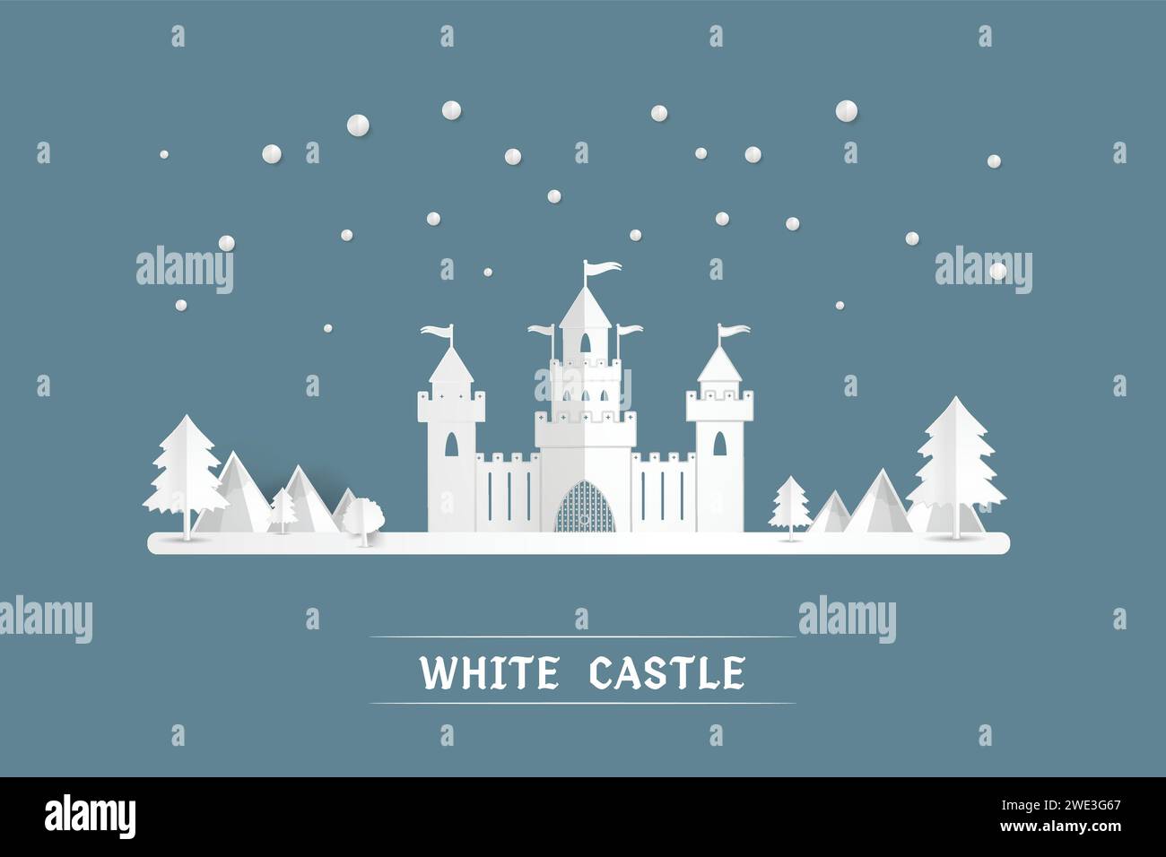 Weißes Papierschloss Gebirgsnatur Winterlandschaft auf Pop-up Papierschnitt Stil, auf blauem Hintergrund Vektor-Illustration Stock Vektor