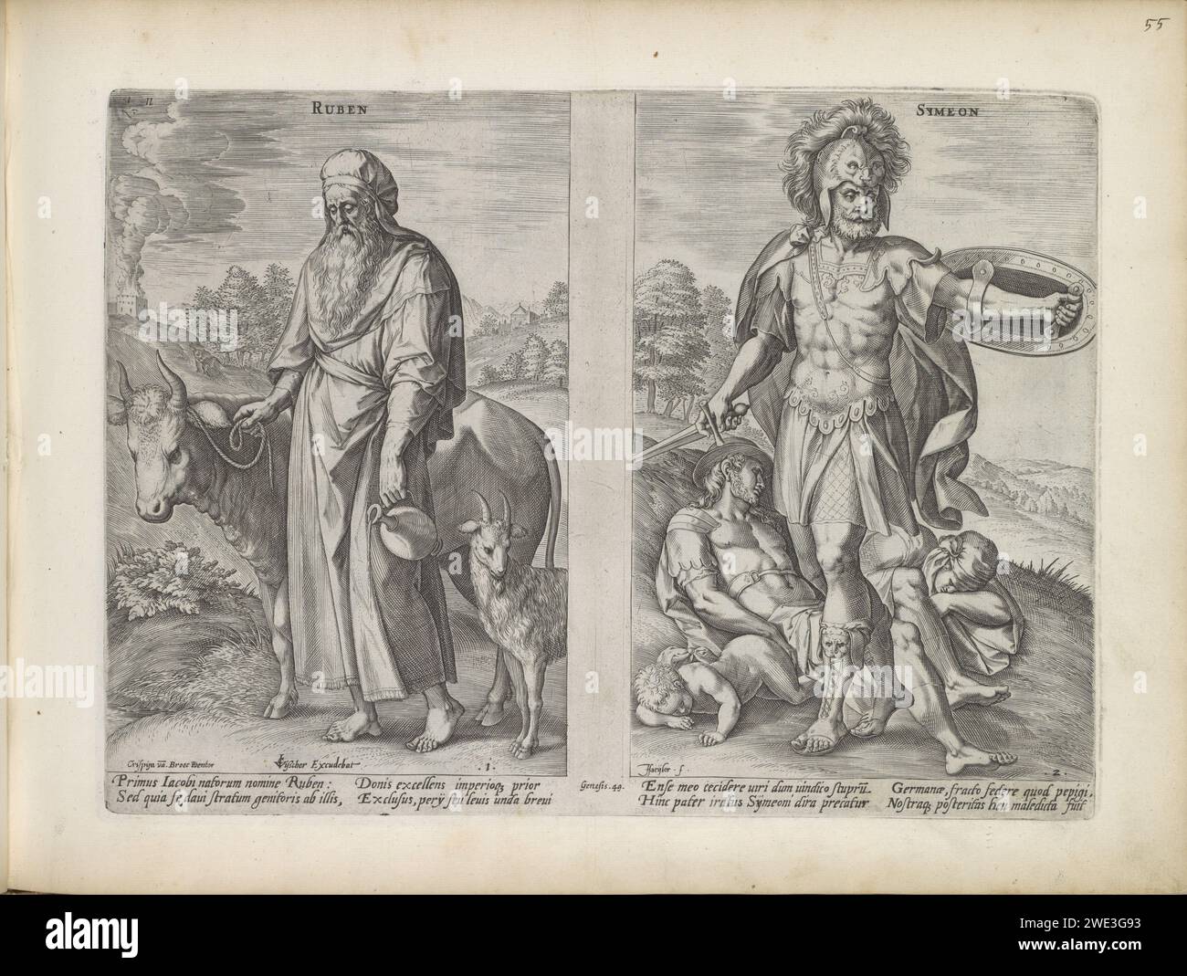 Vorfahren Ruben und Simeon, 1643 Druck links, Vorfahren Ruben, der älteste Sohn Jakobs, in einer Landschaft mit einer Kuh und einer Ziege neben ihm. Eine Kanne in seiner linken Hand. Rechts Vorfahren Simeon, der zweite Sohn Jakobs, in Rüstung in einer Landschaft. Hinter ihm befinden sich die Leichen von Sichem und zwei seiner Männer, die Simeon zusammen mit Levi als Rache für die Onteren seiner Schwester Dina getötet hatten. Unter den Aufführungen ist ein lateinischer Verweis auf den Bibeltext in Gen. 49. Dieser Ausdruck ist Teil eines Albums. Druckerei: Antwerpen: Amsterdamer Papierstich. Stockfoto