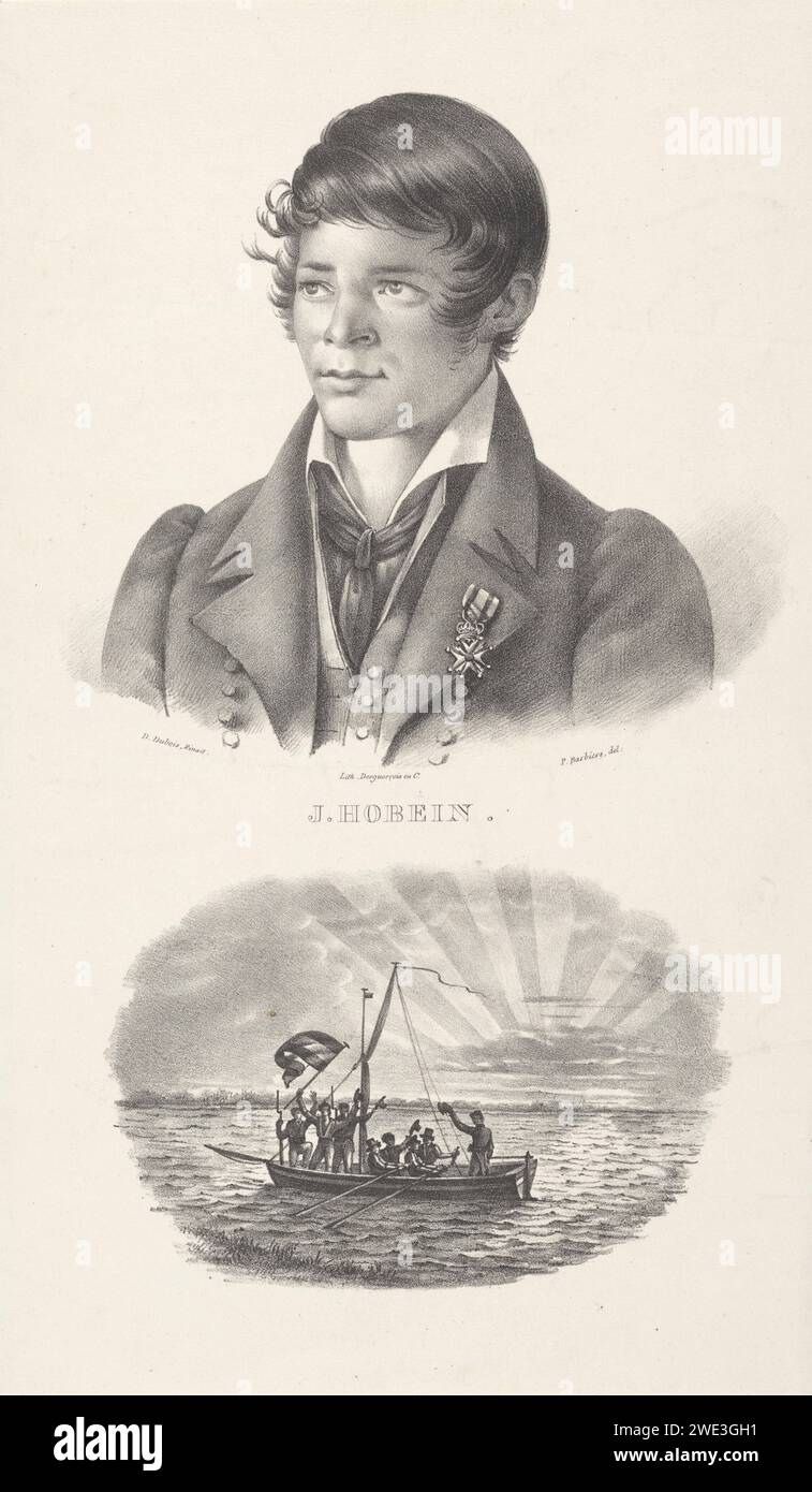 Porträt des Seefahrers Jacob Hobein und seines Bootes Pieter Barbiers (IV), nach D. Dubois, 1808–1848 Druck Er trägt einen militärischen Wilhelm-Befehl auf seiner Brust. Unter dem Porträt eine Szene mit einem Boot, auf dem die Besatzung die niederländische Flagge in die Luft hebt. Druckerei: Niederlandsprinter: Amsterdam Papiersegler. Rudern nach vorne, Schieben. Anrede mit Flagge Stockfoto