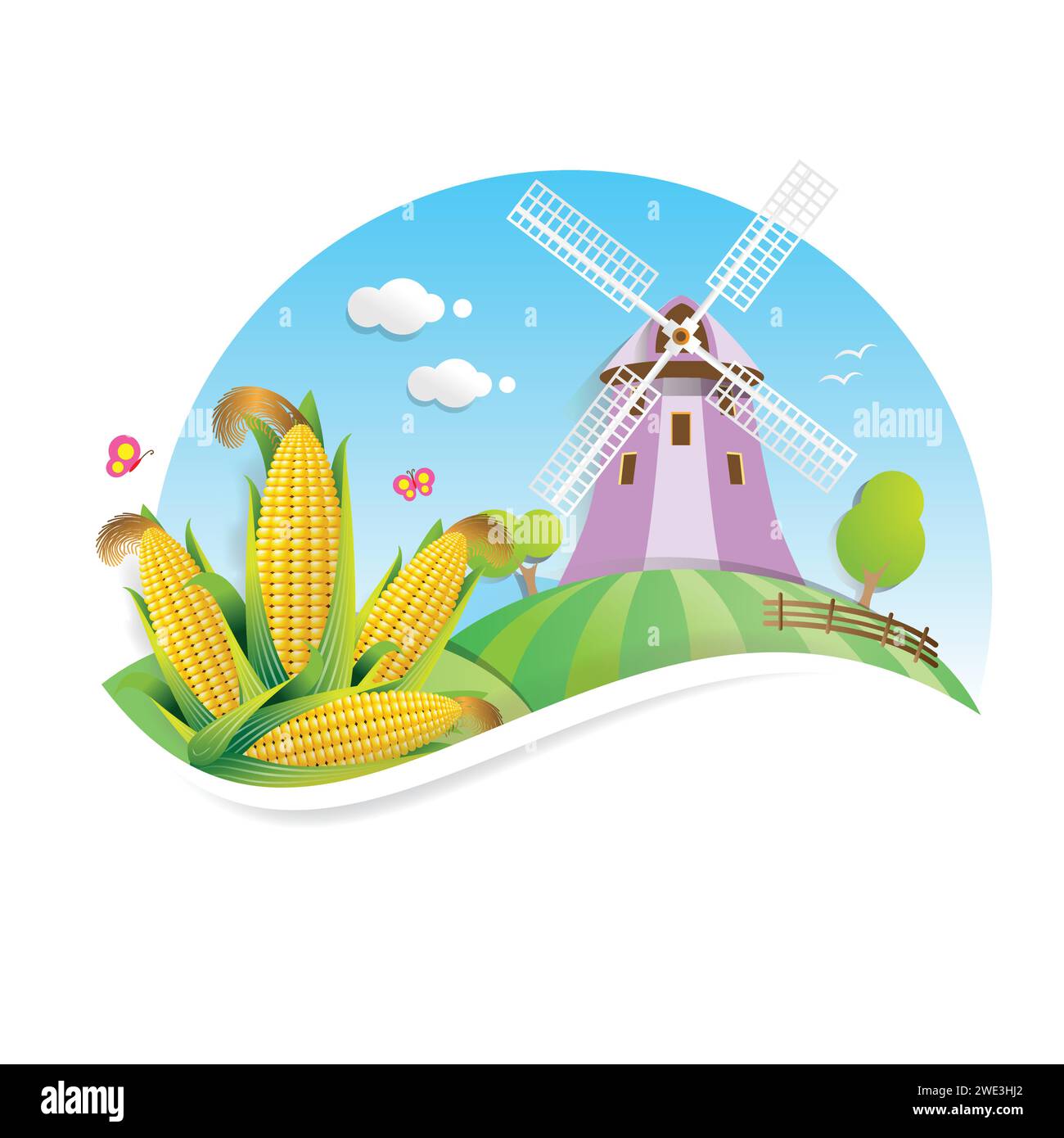 Bauernhof-Cartoon auf Landschaft Hintergrund flache Vektor-Illustration Stock Vektor