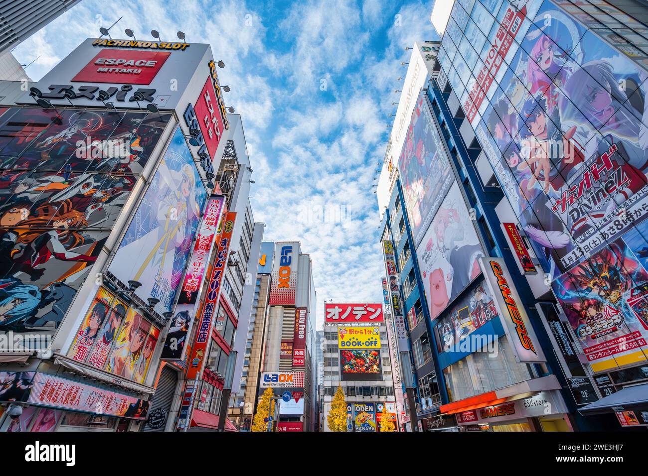 Farbenfrohe Schilder und Plakatwände in Akihabara, Tokio, Japan. Akihabara ist ein Einkaufsviertel, das für seine Anime-, Manga-, Videospiel- und Computerläden berühmt ist. Stockfoto
