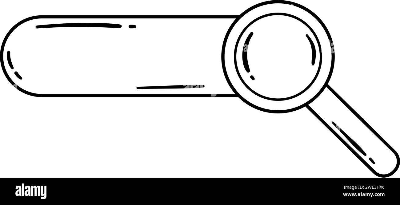 Schwarz-weiße Suchleiste im Doodle-Stil mit ovalem Rahmen und großer Illustration aus Vergrößerungsglas. Stock Vektor