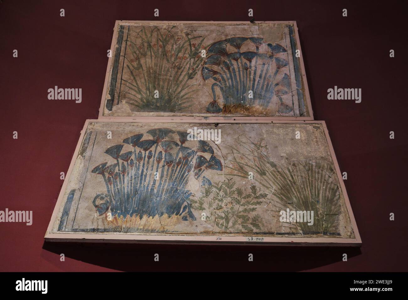 Kairo, Ägypten - 2. Januar 2024: Malerei mit Pflanzenmotiven aus dem Palast von Aschenaten im Ägyptischen Museum Stockfoto