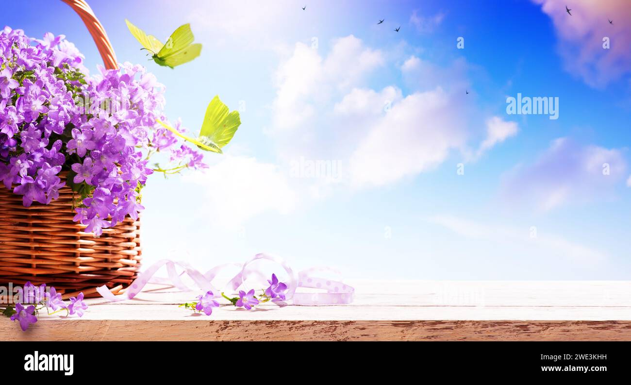 Hintergrund des Frühlingsbanner. Glockenblumen entspringen Blumen in einem Korb und fliegen Schmetterling Stockfoto