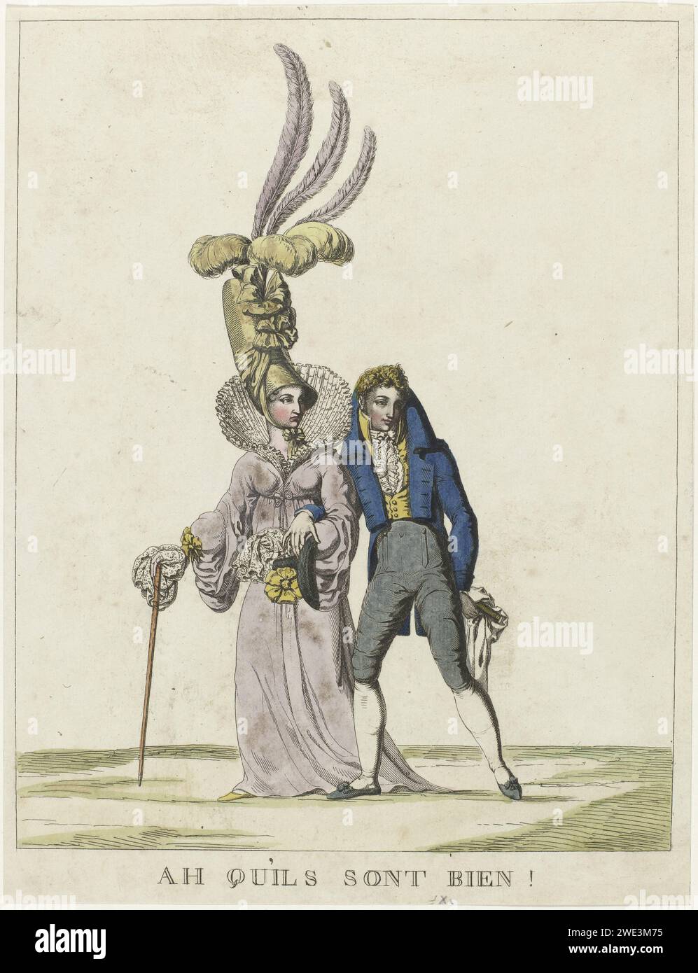 Ach, sie sind gut!, Anonym, 1817 Cartoon über die Mode von 1817. Afraised Walking Pärchen. Die Frau trägt ein Kleid mit hoher Taille und Abschleppung und einer hohen, aufrechten Falte, breiten Ärmeln mit transparenten Unterwasserstoffen, die über die Hände fallen. Der übermäßige Hut ist mit sehr langen Federn verziert. Gehstock in der Hand. Mann in einem Frak, Weste und Kniestütze. Cravate. Hemd mit Jabot. Hoher Hut mit Koch in der Hand. Flache Schuhe mit Schleife. Taschentuch und Fernglas (?) In der Hand. Frankreich Papier Gravur / Ätzen Mode Platten. Kopfbedeckung: Hut (+ Damenbekleidung). Kleid, Kleid (+ Damen c Stockfoto