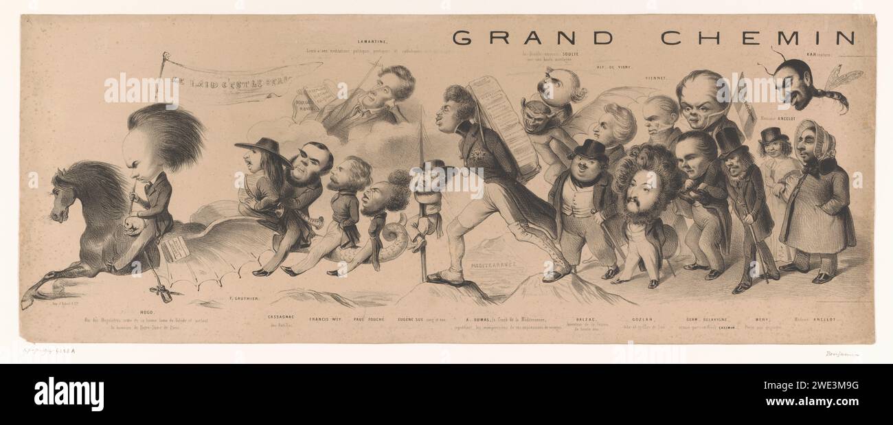 Karikatur einer Gruppe französischer Schriftsteller, angeführt von Victor Hugo, Benjamin, 1842 gedruckte Pariser Papierkarikaturen (menschliche Typen). Schriftsteller, Dichter, Autor. Historische Personen Stockfoto