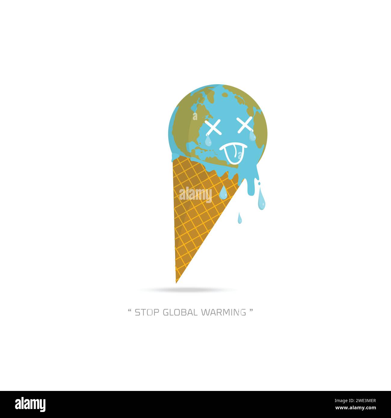 Posterkonzept „Earth Cream Cone Save The Planet“. Stoppen Sie die globale Erwärmung. Zeichentrickfigur des Planeten Erde auf weißem Hintergrund Vektor-Illustration. Stock Vektor