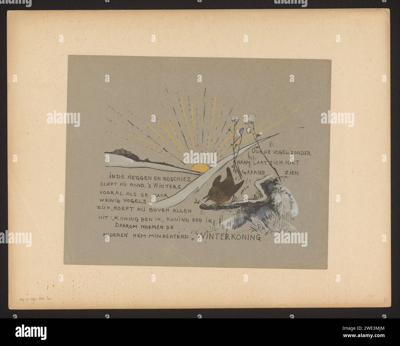 Textseite mit dem Winterkönig in einem Tak, Theo van Hoytema, 1892 Druck The Haager Paper Song-Birds: wren Stockfoto