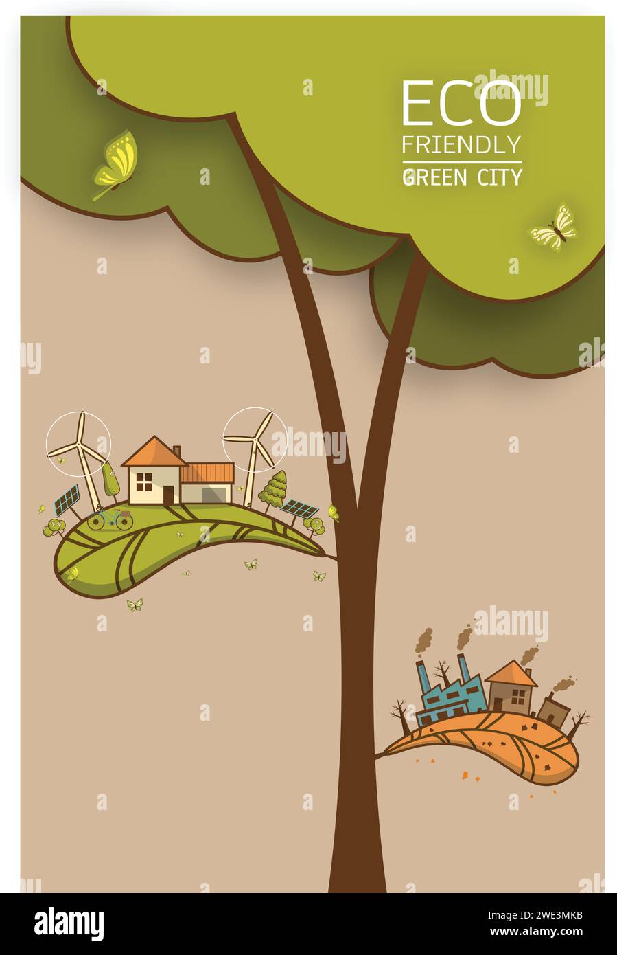 Der Unterschied von Umwelt Landschaft Fabrik und Wald, grüne Erde - Ökologie Konzept grüne Informationen mit Ökologie und grüne Stadt Energie sa Stock Vektor