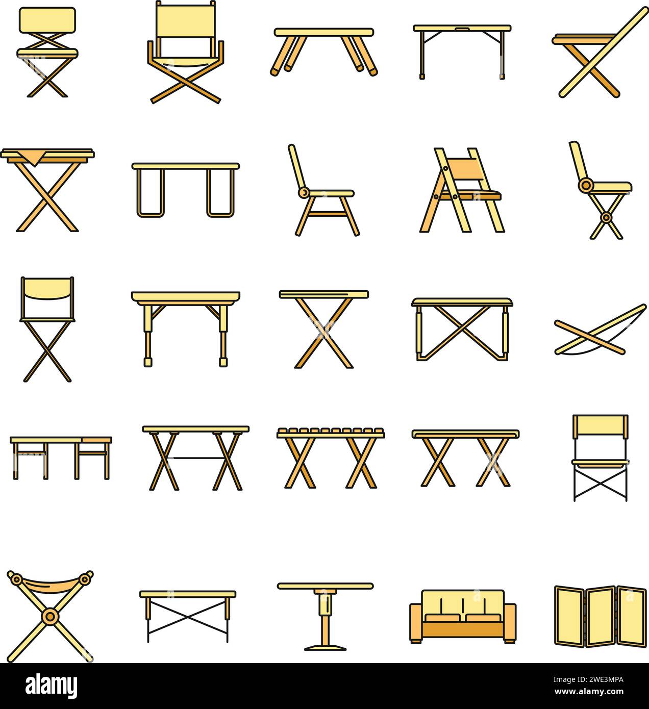 Ikonen für Picknick-Klappmöbel. Umrisssatz von Picknick Faltmöbel Vektor-Ikonen dünne Linie Farbe flach auf weiß Stock Vektor