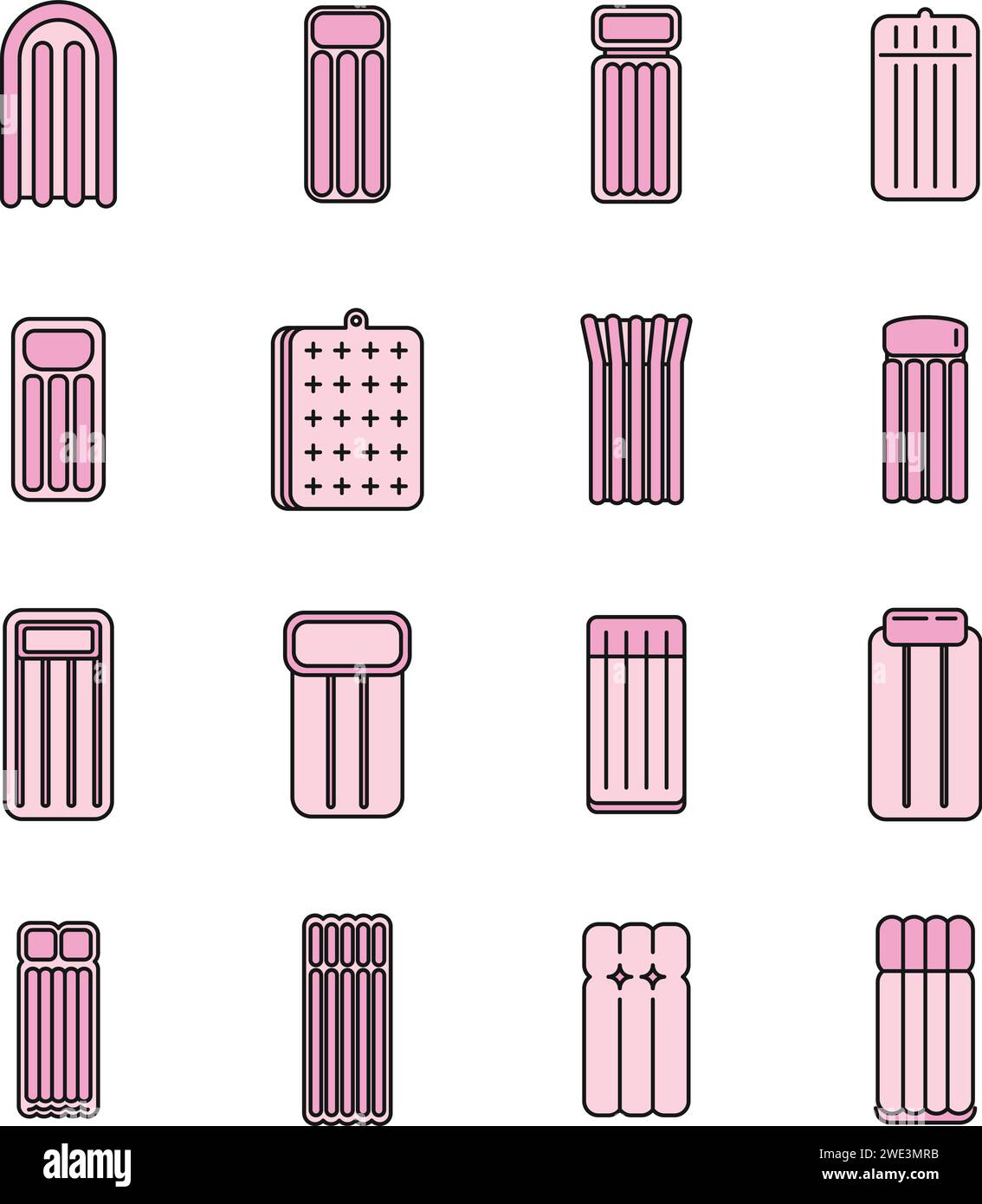 Relax aufblasbare Matratzen Symbole Set. Umrisssatz von Relax aufblasbaren Matratzenvektorsymbolen dünne Linie Farbe flach auf weiß Stock Vektor