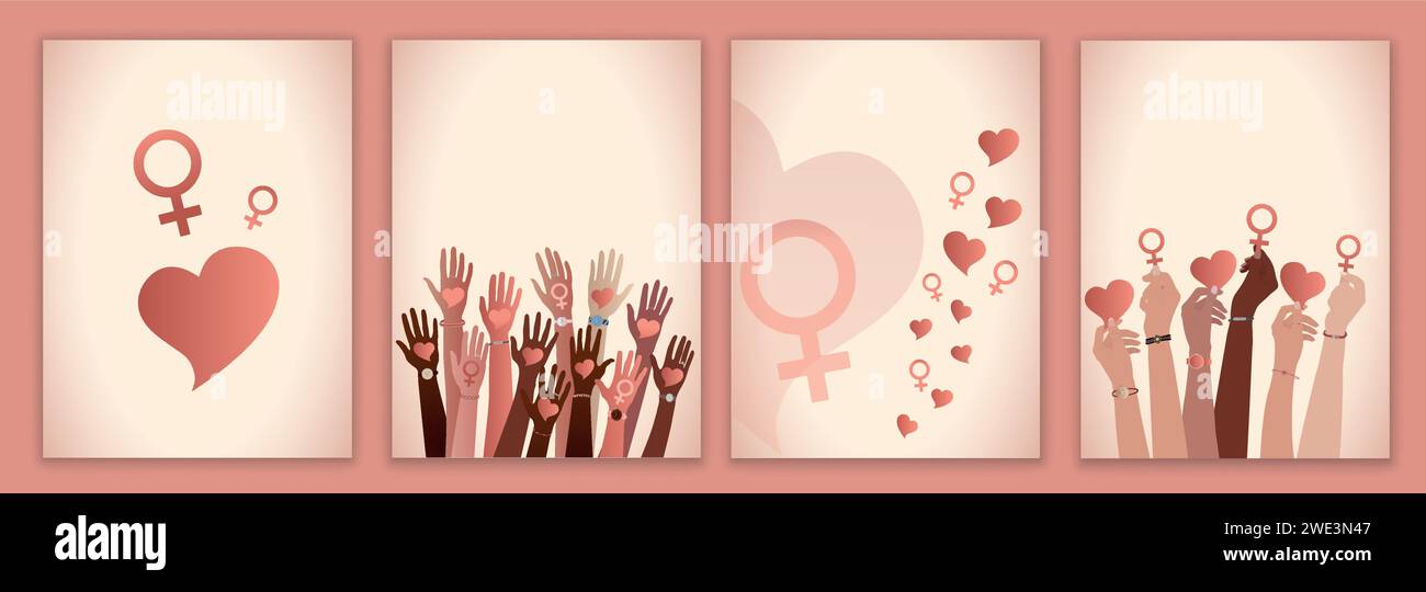 Gruppe hochgezogener Hände multikultureller Frauen mit rotem Herz und weiblichem Symbol. Internationaler Frauentag. Diversität - Inklusion - Gleichheit.Vorlage Stock Vektor