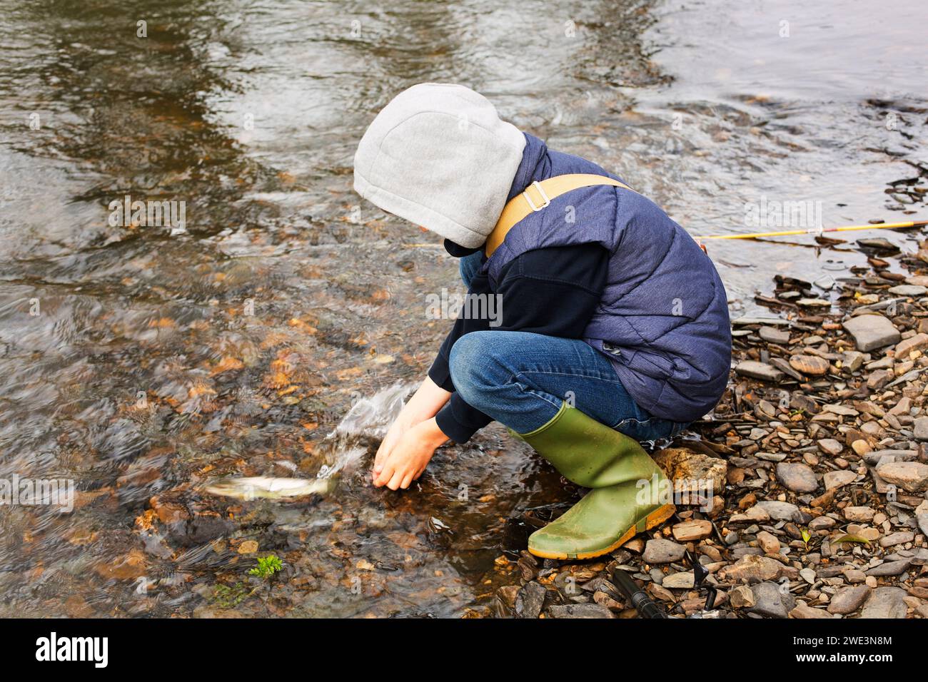 Junge, der eine Forelle in den Fluss bringt Stockfoto