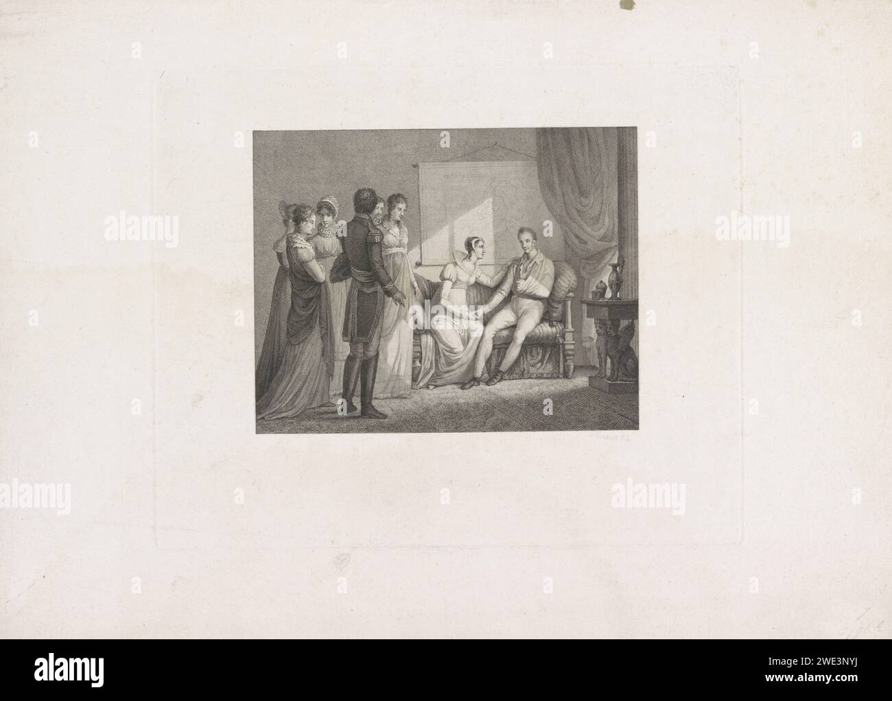 Die Königin besucht den verwundeten Prinzen in Brüssel, 1815 Abraham Vinkeles, nachdem Mattheus Ignatius van Bree, 1815–1816 Druck die Königin Wilhelmina van Pruisen ihren Sohn Willem Frederik George, Prinz von Orange, besucht, der während der Schlacht von Waterloo am 18. Juni 1815 verletzt wurde. Teil einer Gruppe von Illustrationen von Ereignissen rund um und während der Schlachten bei Quatre-Bras und Waterloo, 16-18. Juni 1815. Niederlande Papierätzung / Gravur medizinische Hilfe und Pflege von Kranken und Verwundeten. Besuch der Kranken im Krankenhaus Waterloo Stockfoto