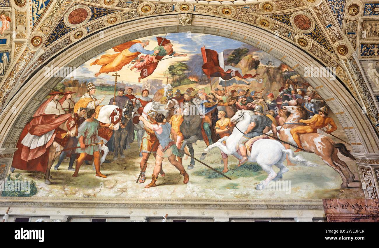 Papst Leo der große trifft auf Attila den Hunnen; Gemälde von Raffael im Eliodoro-Zimmer, einem der Raphael-Räume, Vatikanmuseum, Rom, Italien. Stockfoto