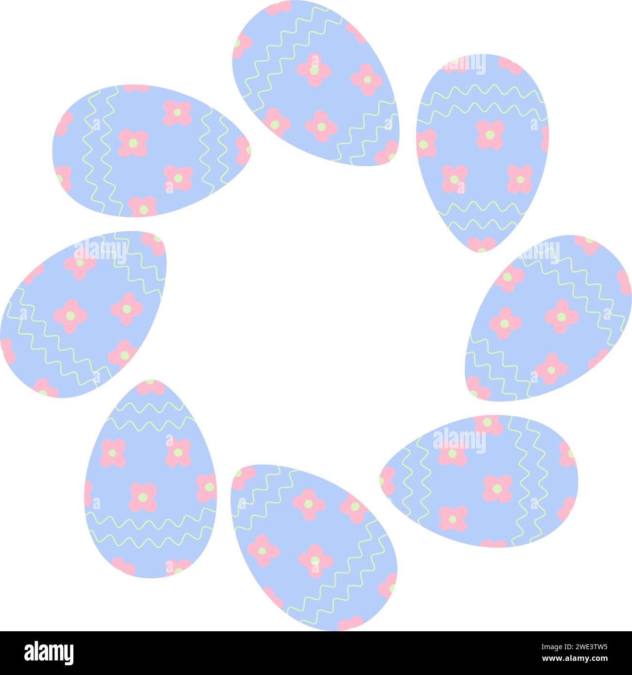 Abstrakter Kreisrahmen aus Ostereiern mit Blumenmuster in trendigem softem Blau. Ostergrüße Idee. Isolieren. EPS. Vektordesign für Karten, Poster, Banner, Broschüren, Werbeaktionen oder Web, Preisschild, Etikett Stock Vektor