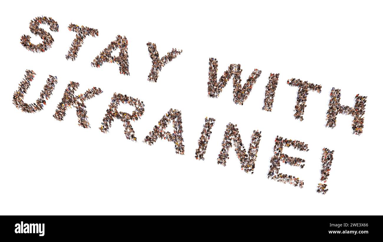 Konzeptionelle große Gemeinschaft von Menschen, die die Botschaft „AUFENTHALT MIT DER UKRAINE“ bilden. 3D Illustration Metapher für Solidarität, Zusammenarbeit, Mitgefühl, Freundlichkeit Stockfoto