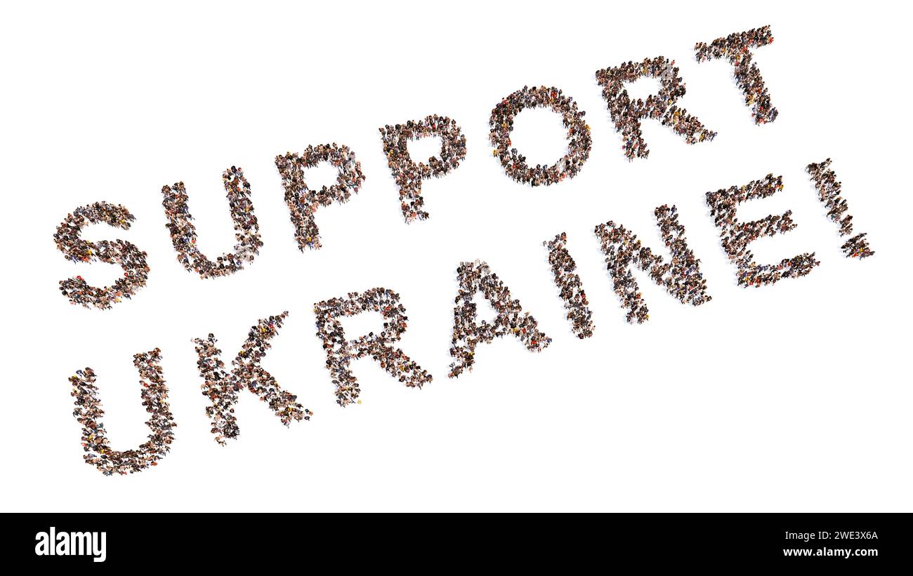 Konzeptbegriff Gemeinschaft der Menschen bilden UNTERSTÜTZUNG UKRAINE Slogan. 3D Illustration Metapher für Gemeinschaft, Freundschaft, Mitgefühl, Freundlichkeit Stockfoto