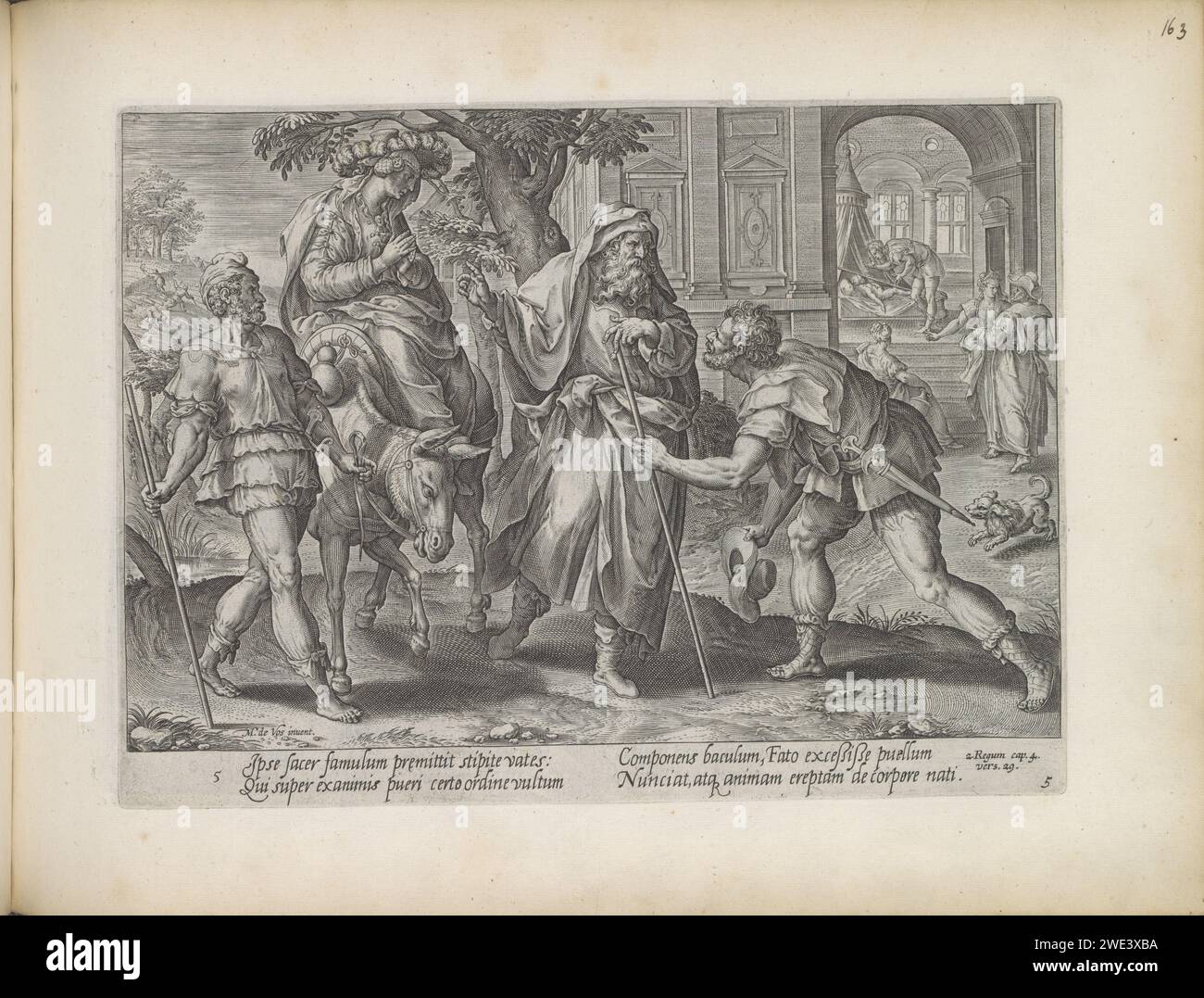 ELISA schickt seinen Diener Schazi Vooruit, 1643 Print Elisa reist mit der Frau aus Sunem, die auf einem Esel sitzt, in ihr Haus, wo ihr verstorbener Sohn ist. ELISA schickt seinen Diener Schazi mit Elisas STAF voran. Im Hintergrund setzt Schhazi das Personal auf den Jungen, aber er gibt kein Lebenszeichen. Unter der Ausstellung ist ein Hinweis auf den Bibeltext in 2 Kon in lateinischer Sprache zu sehen. 4:29. Dieser Ausdruck ist Teil eines Albums. Der Amsterdamer Papierstich Gehazi wird mit Elishas Stab ins Haus geschickt; er versucht erfolglos, das Kind der Shunammite-Frau wiederzubeleben Stockfoto