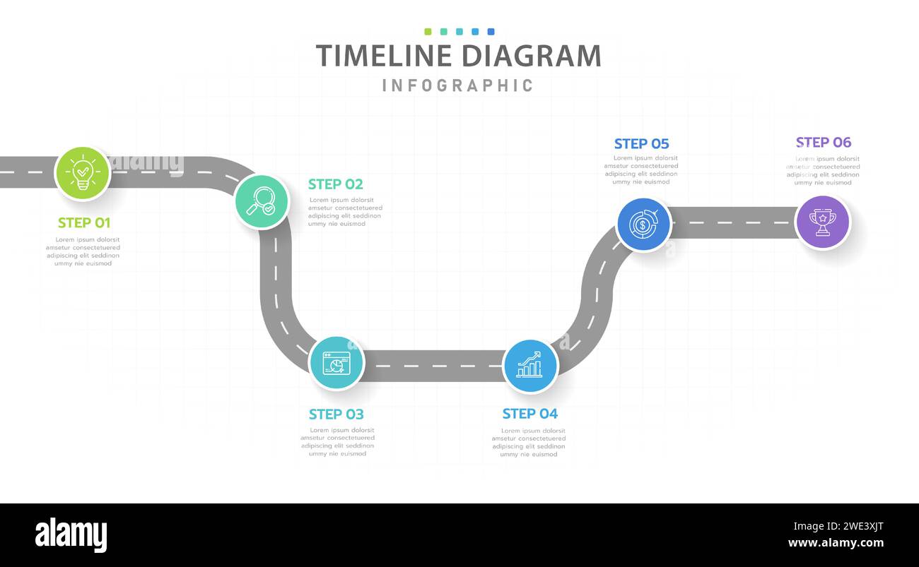 Infografik-Vorlage für Unternehmen. 6 Schritte modernes Timeline-Diagramm mit Road Journey Konzept, Präsentationsvektor Infografik. Stock Vektor