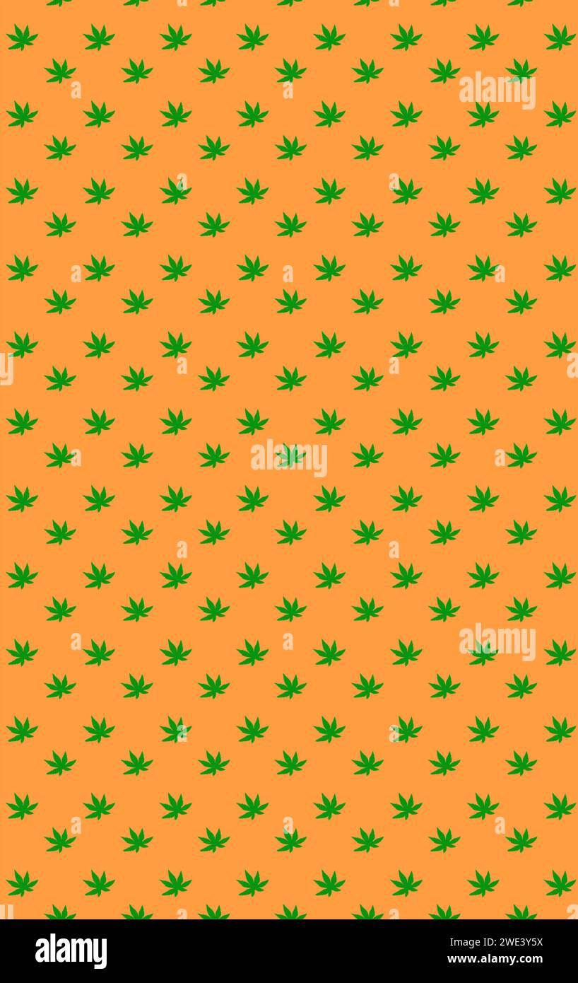 Muster von grünen Cannabisblättern auf orangefarbenem Hintergrund Stockfoto