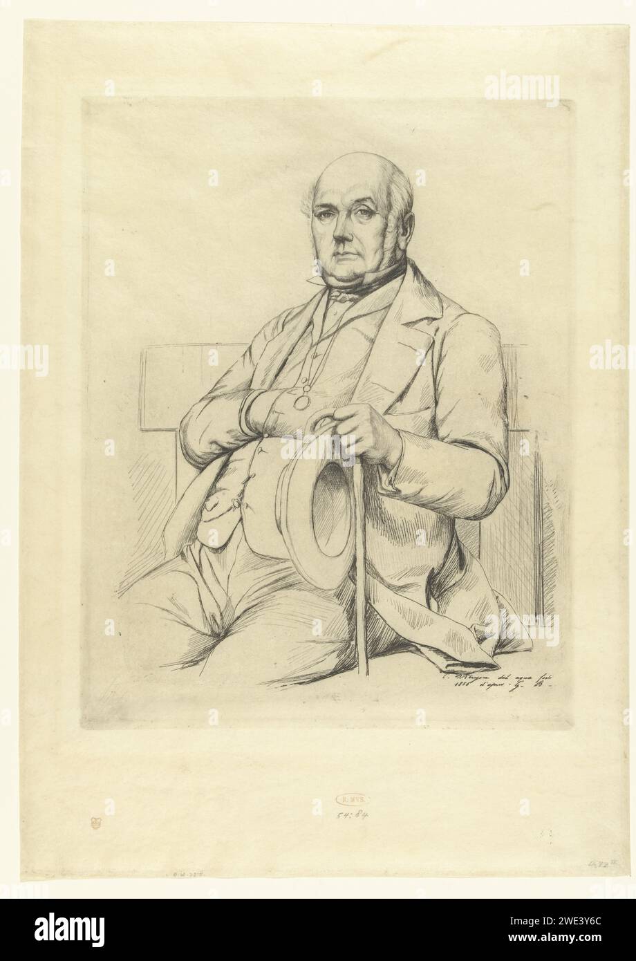 Portret van Casimir Le Conte, Charles Meryon, nach Gustave Boulanger, 1856 Druck Portrait von Casimir le Conte, der auf einer Couch sitzt, mit einer Hand in die Weste gesteckt, und er hält einen Gehstock und Hut in der anderen Hand. Frankreich Papierätzung Stockfoto