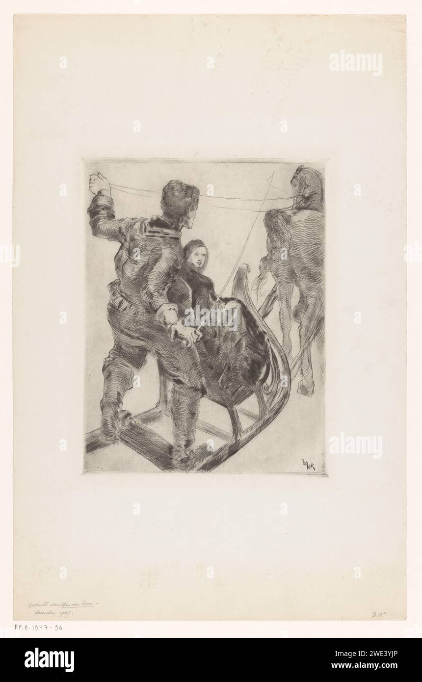 Mann und Frau in einem Arrenslee, Willem van Konijnenburg, drucken 1927 Einen Mann und eine Frau in einem Pferdeschlitten, der von einem Pferd gezogen wird. Der Mann hat eine Peitsche und die Zügel des Pferdes in den Händen. Papierätzer Pferdeschlitten Stockfoto