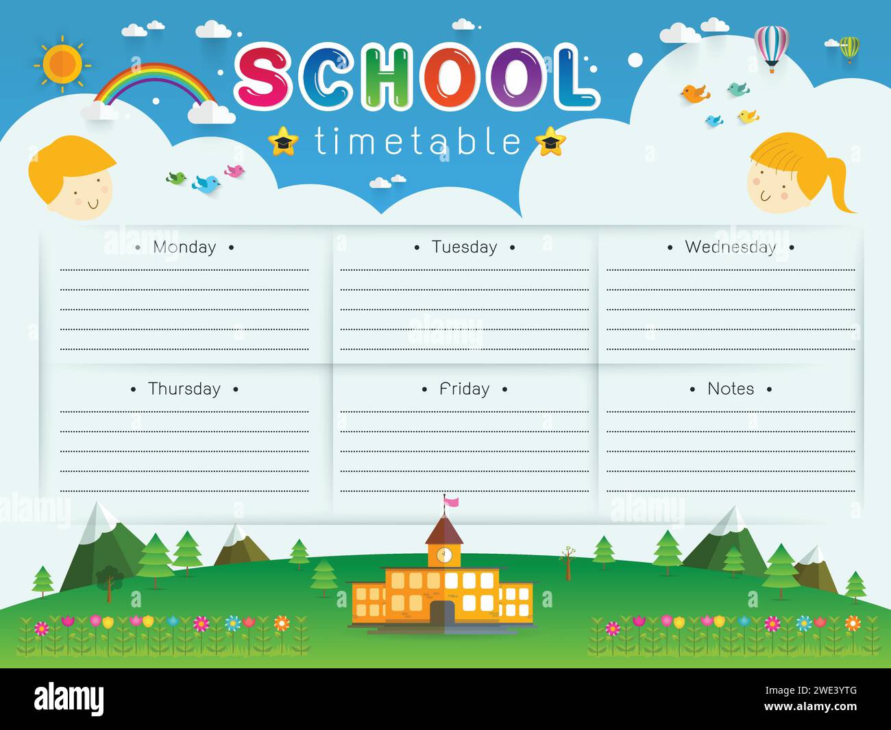 Hintergrundrahmenentwurf des Schulzeitplans, Zeitplan, wöchentliche Schulzeitplan-Vektorillustration Stock Vektor