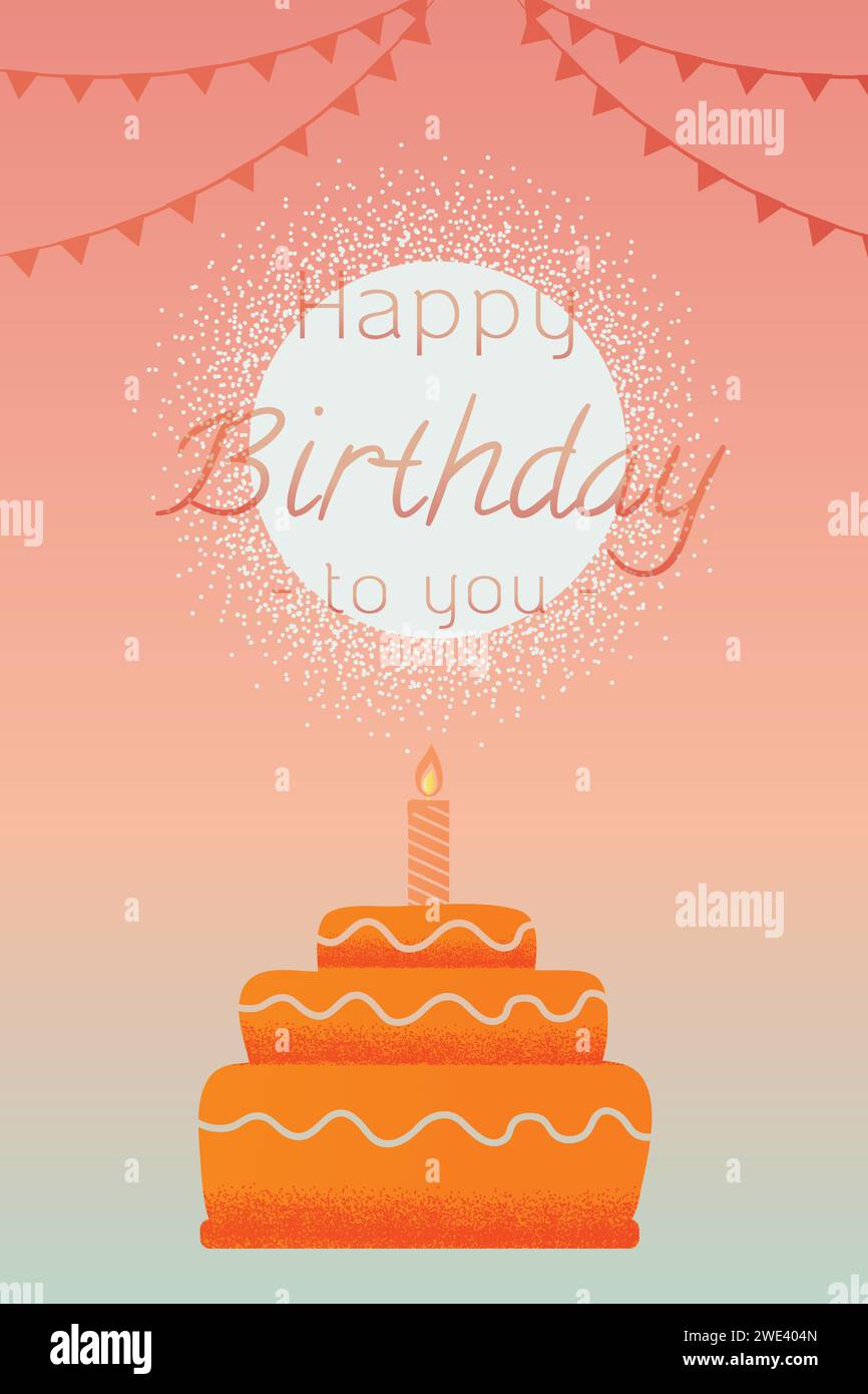 Grußkarte alles Gute zum Geburtstag Kuchen mit Kerzen auf Himmelshintergrund Vektor Textur Stil Konzept Illustration. Stock Vektor