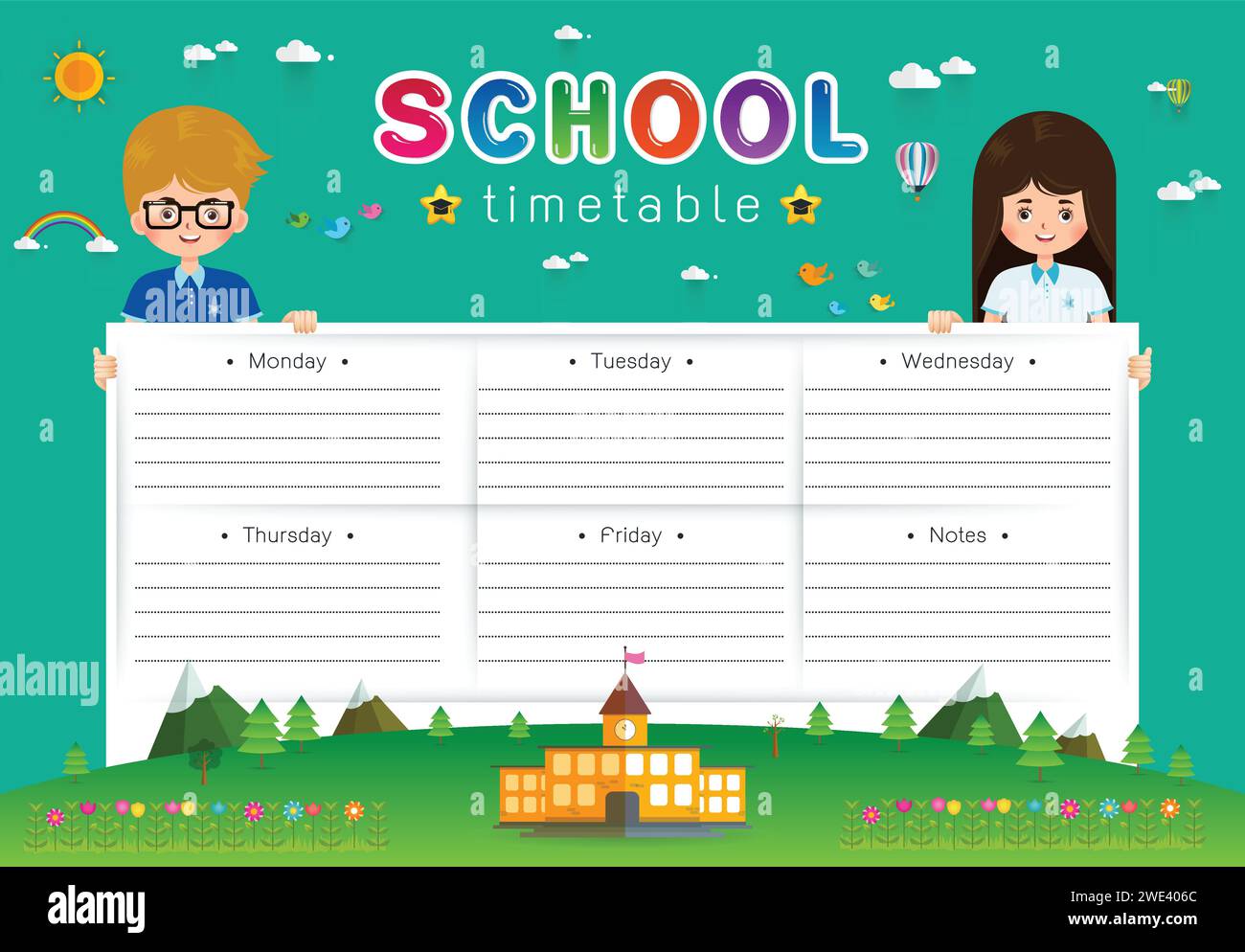 Hintergrundrahmenentwurf des Schulzeitplans, Zeitplan, wöchentliche Schulzeitplan-Vektorillustration Stock Vektor