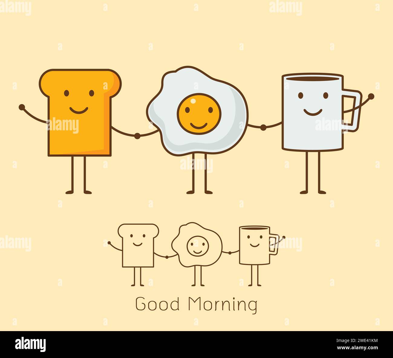 Beste Freunde. Frühstück. Guten Morgen. Set aus niedlichem Bilderklang mit Kaffee, Eiern und Toast. Vektorabbildung. Stock Vektor