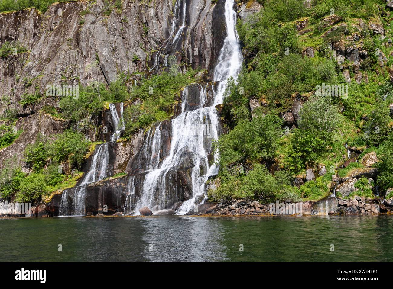 Sonnendurchflutetes Wasser sprudelt über eine steile Felswände in das ruhige Wasser des Trollfjorden in Lofoten, Norwegen, eingerahmt von üppigem Grün Stockfoto