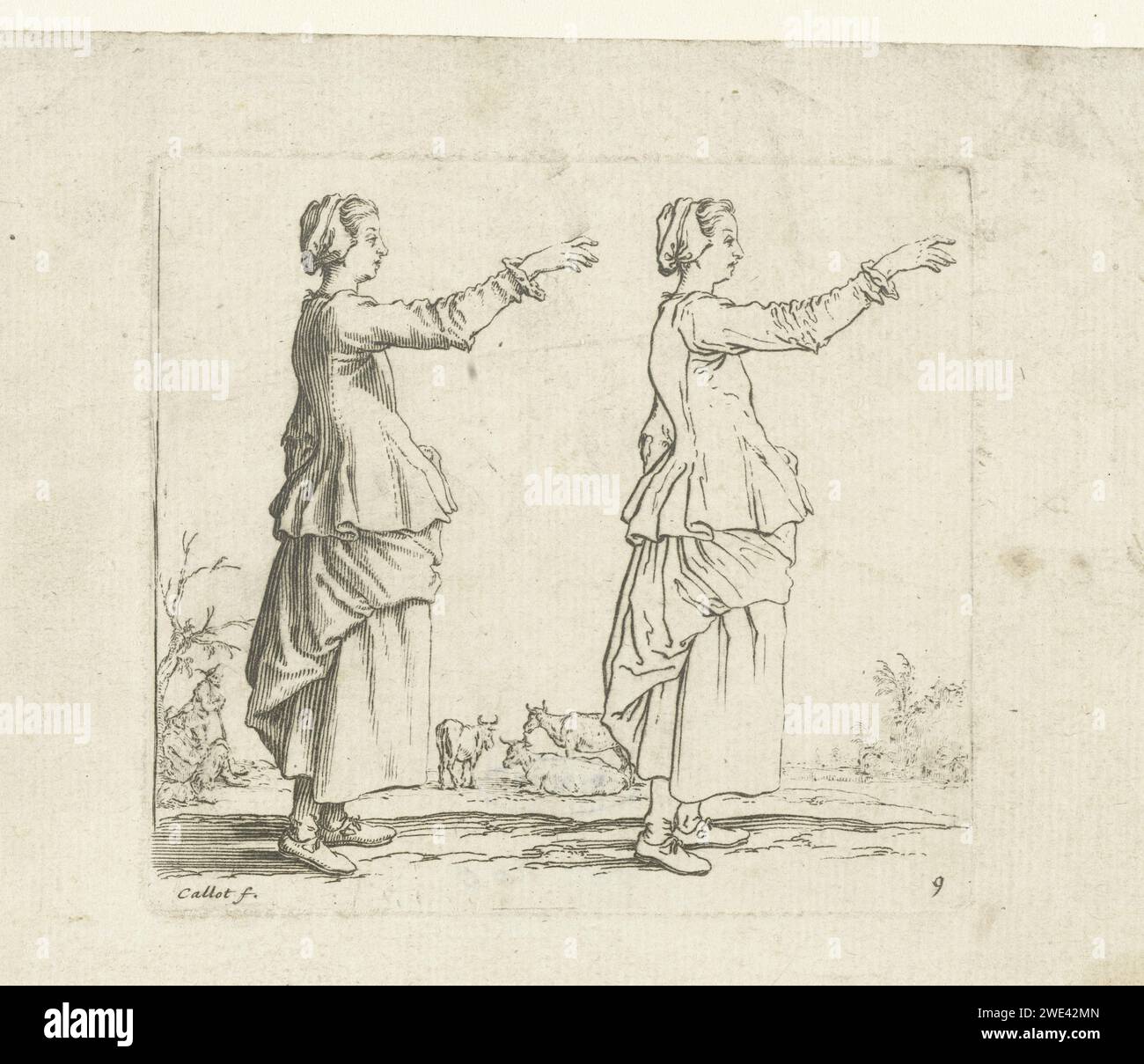 Zweimal dieselbe Bäuerin mit erhobenem Arm, rechts gesehen, Jacques Callot, 1621 - 1624 drucken Eine Bäuerin, der rechte Arm in einer zeigenden Geste, rechts gesehen, zweimal dargestellt: Rechts als Linienfigur, links mit Schattenpartys auf der linken Seite. Zwei Figuren und drei Kühe im Hintergrund. Dieser Druck ist Teil einer Serie von 16 Drucken (15 nach Lieure; 17 bzw. 16 inkl. Titeldruck) mit Männern und Frauen in verschiedenen Haltungen. Diese Ausdrucke könnten als Zeichenbeispiele gedacht sein. Nancy Paper Radiching Farmers - AA - Bäuerin, Bäuerin Stockfoto