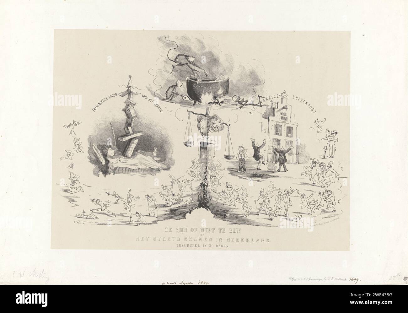 Cartoon on the State Examination for the University, 1850, Anonym, nach Carel Vosmaer, 1850 Print Cartoon on the State Examination by Minister Thorbecke for Acceleration to the University, durch königlichen Erlass vom 1. Juli 1850. Links der Traum der Schüler im Bett und die traurigen Studenten, die nicht erfolgreich waren, rechts die glücklichen Studenten, die gestorben sind. Oben werden die Schüler im Gymnasium in einem großen Kessel gekocht. Laut Inschriften auf dieser Kopie handelt es sich um Ereignisse im August 1849 und der Druck wäre ebenfalls 1849 veröffentlicht worden. Druckerei: Netherlands After Draw Stockfoto