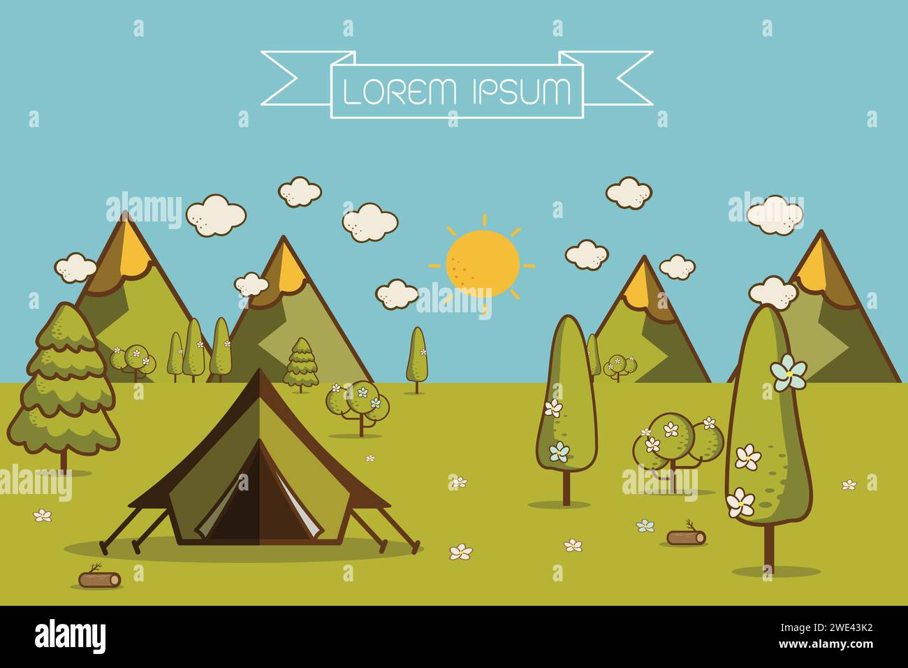 Naturlandschaft. Morgenlandschaft in den Bergen. Einsamkeit in der Natur am Berg. Wochenende im Zelt. Wandern und Camping. Vektor flach illustr Stock Vektor