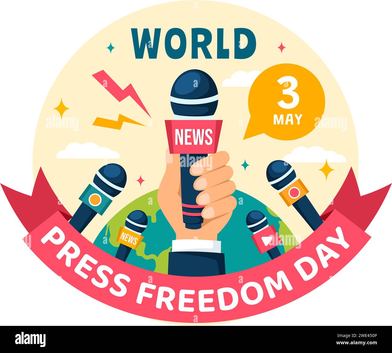 World Press Freedom Day Vektor Illustration am 3. Mai mit Nachrichten Mikrofone und Zeitung rechts zu sprechen in Flat Cartoon Hintergrund Stock Vektor