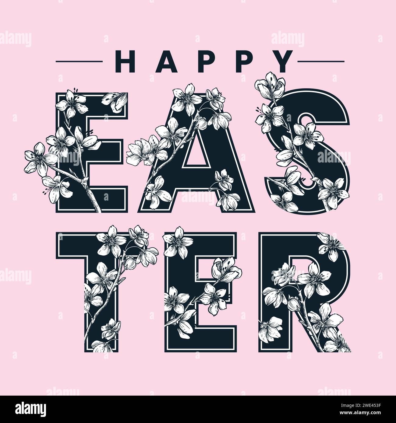 Happy Easter Banner, Poster oder Grußkarte Blumenaufschrift. Vektorgrafik von Hand gezeichnet. Briefe mit Frühlingskirschblüten-Arrangement. Stock Vektor