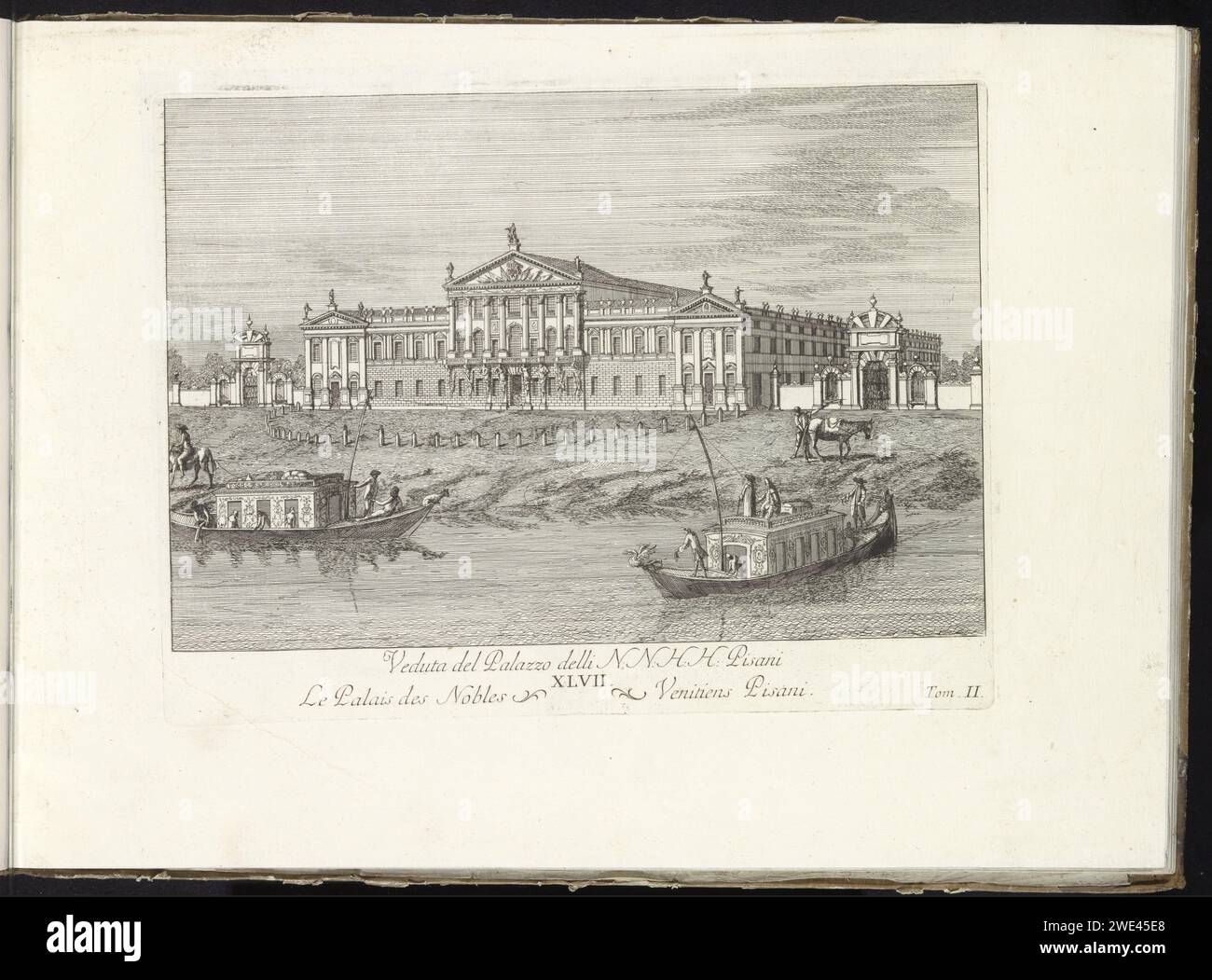 Palazzo Delli n: n: H: Pisani aan de Brenta, Giovanni Francesco Costa, ca. 1750 - ca. 1760 drucken Ansicht des Palazzo Delli N: N: H: H: Pisani am Fluss Brenta. Zwei Schleppkähne segeln auf dem Wasser. Nummeriert in der Mitte: XLVII und unten rechts: Tom: II Dieser Ausdruck ist Teil eines Albums. Druckerei: ItalienVenedig Papierätzung Fluss. Hôtel, also kleiner Palast in der Stadt. Schleppboot, Schleppkahn Brenta Stockfoto