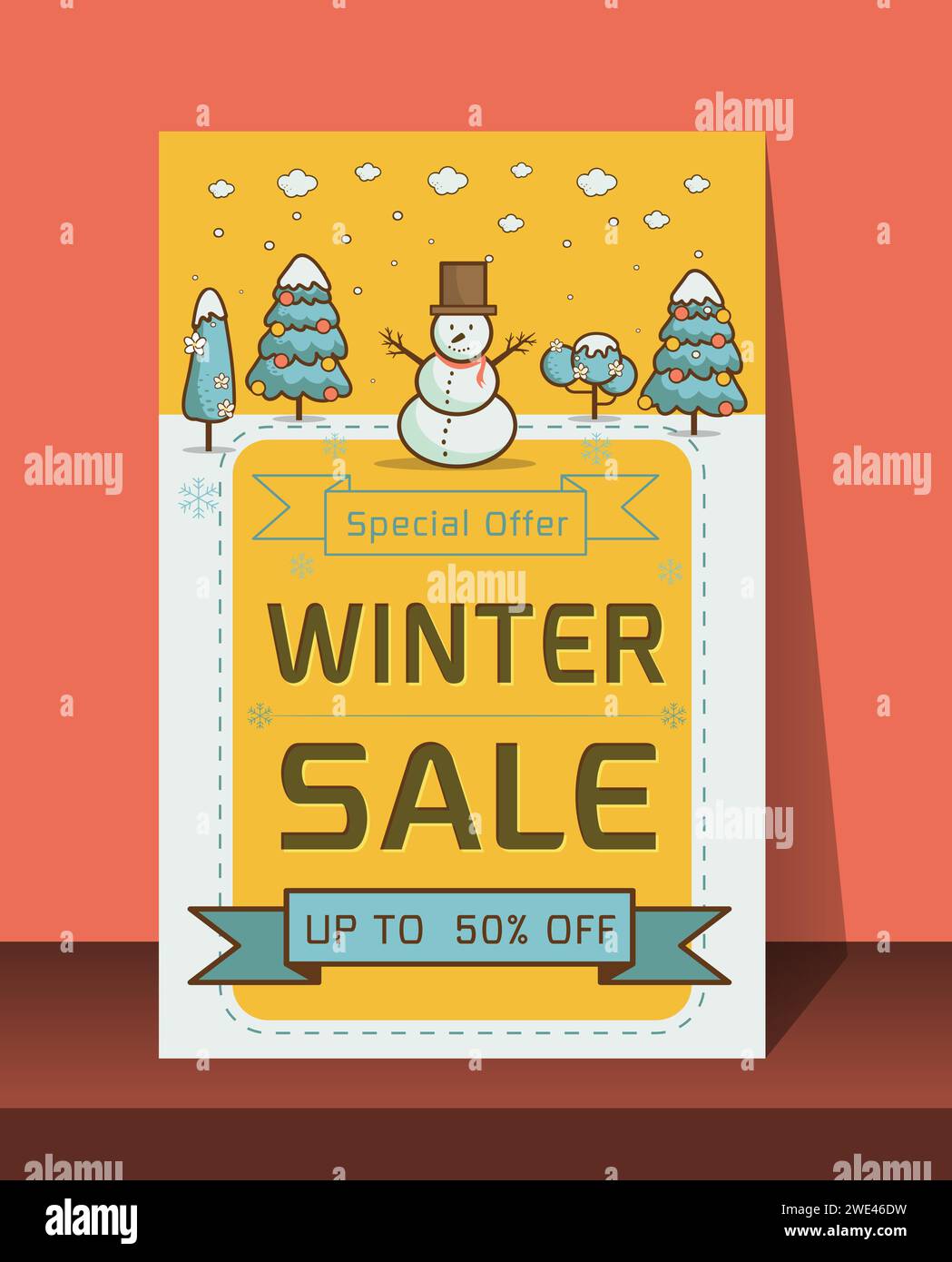 Karte Weihnachtsrabatte. Festliches Werbebanner mit lustigen Silvesterfiguren und -Symbolen. Winter Sale-Banner. Fröhlicher Schneemann mit den Worten V Stock Vektor